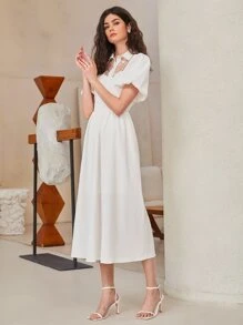 Mulvari 薄透刺繡網紗肩部泡泡袖襯衫洋裝不附腰帶 - 白色 - 查看 5