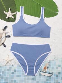 Conjunto de bikini con contraste de ribete acanalado para chicas adolescentes, playa de verano - Azul - Ver 1