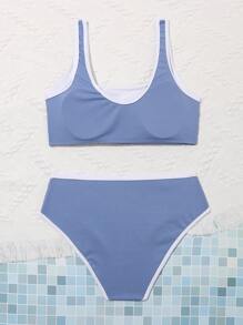 Conjunto de bikini con contraste de ribete acanalado para chicas adolescentes, playa de verano - Azul - Ver 2