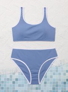 Conjunto de bikini con contraste de ribete acanalado para chicas adolescentes, playa de verano - Azul - Ver 3
