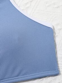 Conjunto de bikini con contraste de ribete acanalado para chicas adolescentes, playa de verano - Azul - Ver 4