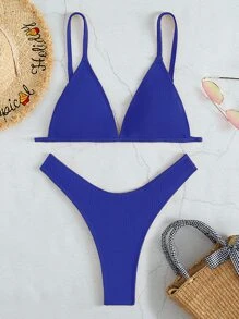 Textured Triangle High Cut Bikini Set, For Summer Beach Vacation - Royal Blue - View 1