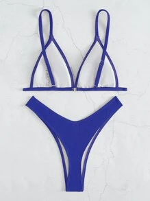 Textured Triangle High Cut Bikini Set, For Summer Beach Vacation - Royal Blue - View 2