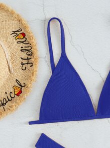 Textured Triangle High Cut Bikini Set, For Summer Beach Vacation - Royal Blue - View 3