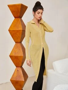 SHEIN Unity Solid Button Front Longline Top - Yellow - View 6