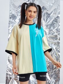 Saint Áo thun nữ Tương phản ràng buộc Khối Màu Đồ họa Giải trí - Nhiều màu - Xem 4