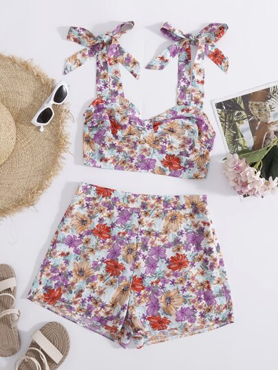 Floral Print Knot Shoulder Crop Tank Top & Shorts Set