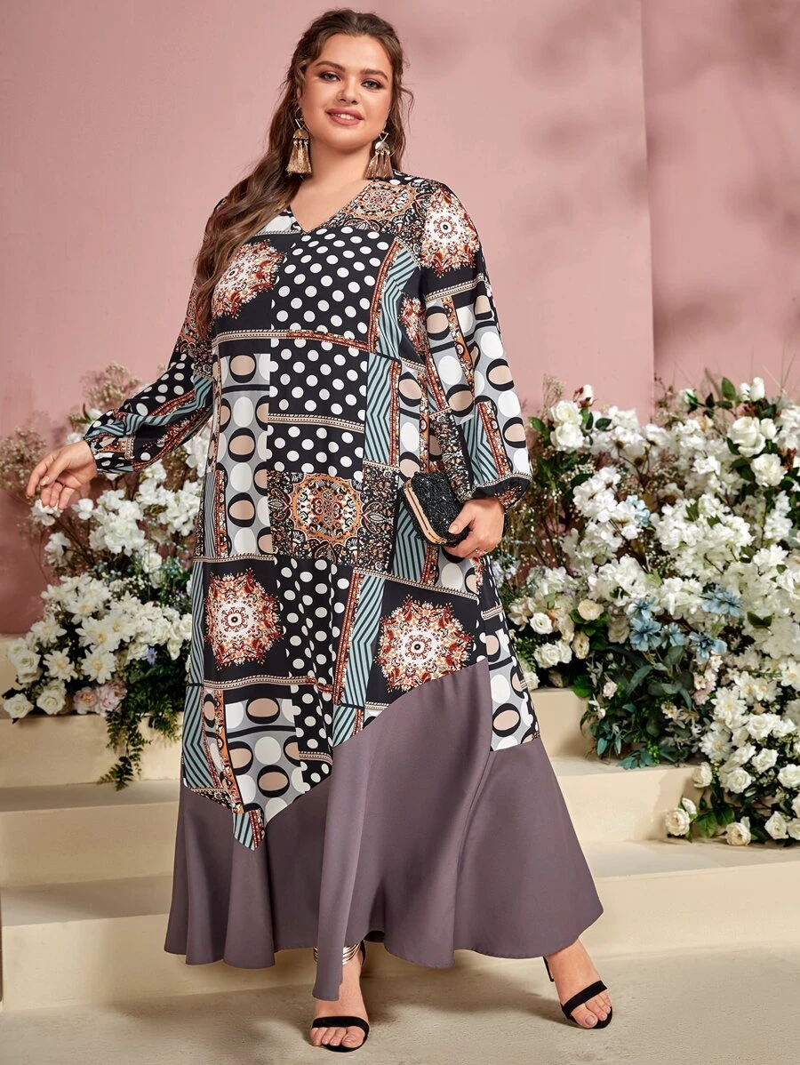 Mulvari 大碼色塊拼接圖案燈籠袖連衣裙 - 彩色 - 查看 1