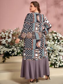 Mulvari 大碼色塊拼接圖案燈籠袖連衣裙 - 彩色 - 查看 2