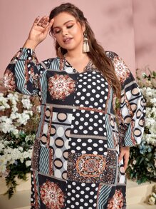 Mulvari 大碼色塊拼接圖案燈籠袖連衣裙 - 彩色 - 查看 3