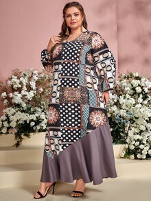 Mulvari 大碼色塊拼接圖案燈籠袖連衣裙 - 彩色 - 查看 4