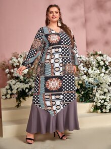 Mulvari 大碼色塊拼接圖案燈籠袖連衣裙 - 彩色 - 查看 5