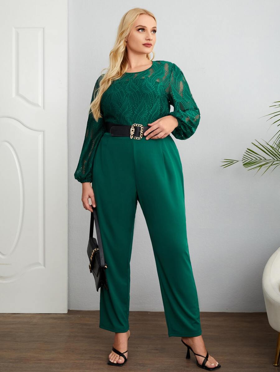 大碼燈籠袖連身褲不附腰帶 - 墨綠色 - 查看 1