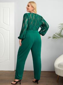 大碼燈籠袖連身褲不附腰帶 - 墨綠色 - 查看 2