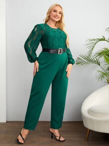 大碼燈籠袖連身褲不附腰帶 - 墨綠色 - 查看 4