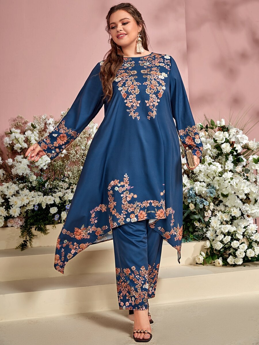 Mulvari 大碼印花不對稱下擺上衣和褲子套裝 - 藍色 - 查看 1