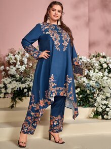 Mulvari 大碼印花不對稱下擺上衣和褲子套裝 - 藍色 - 查看 3