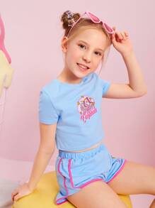 SHEIN Girls Letter Graphic Tee And Dolphin Shorts Set - Baby Blue - View 1