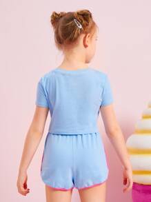 SHEIN Girls Letter Graphic Tee And Dolphin Shorts Set - Baby Blue - View 2