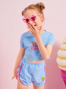 SHEIN Girls Letter Graphic Tee And Dolphin Shorts Set - Baby Blue - View 3