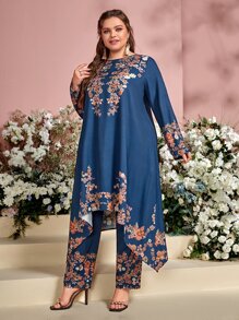 Mulvari 大碼印花不對稱下擺上衣和褲子套裝 - 藍色 - 查看 5