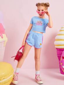 SHEIN Girls Letter Graphic Tee And Dolphin Shorts Set - Baby Blue - View 4