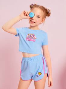 SHEIN Girls Letter Graphic Tee And Dolphin Shorts Set - Baby Blue - View 5