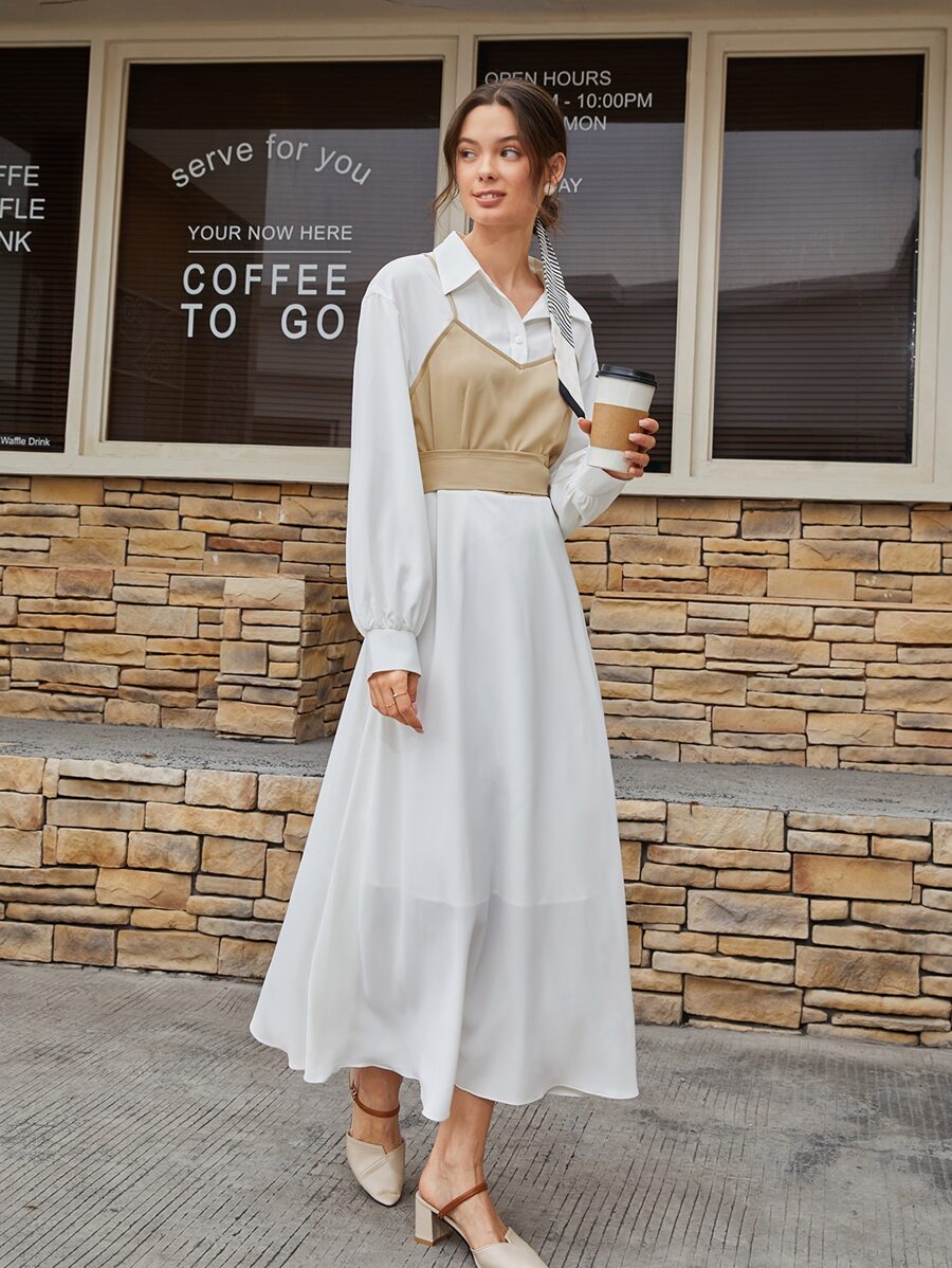 Mulvari Colorblock Lantern Sleeve Collared 2 In 1 Dress - White - View 1