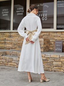 Mulvari Colorblock Lantern Sleeve Collared 2 In 1 Dress - White - View 2