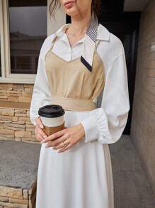 Mulvari Colorblock Lantern Sleeve Collared 2 In 1 Dress - White - View 3