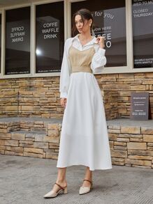 Mulvari Colorblock Lantern Sleeve Collared 2 In 1 Dress - White - View 4