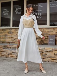 Mulvari Colorblock Lantern Sleeve Collared 2 In 1 Dress - White - View 5