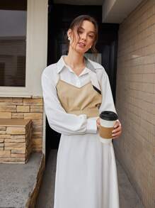 Mulvari Colorblock Lantern Sleeve Collared 2 In 1 Dress - White - View 6