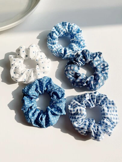 5pcs Women's 9cm/3.54in Polka Dot Plaid Blue Floral Scrunchies, Fashionable Versatile High-End Elegant Minimalist Solid Color Hair Ties, Suitable For Daily Outings, Casual, Party, Commute, Beach, Vacation, Ponytail, Bun, Washing Face, Makeup, Outfit Accessory ,Hair Accessories Hairbands Head Accessories Elastic Band