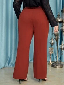 SHEIN 大碼腰部紐扣闊腿褲 - 亮橙色 - 查看 2