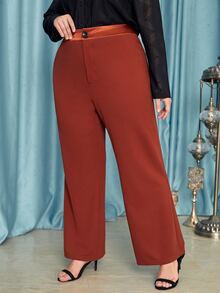 SHEIN 大碼腰部紐扣闊腿褲 - 亮橙色 - 查看 3