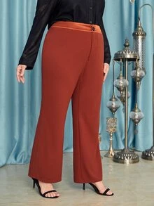 SHEIN 大碼腰部紐扣闊腿褲 - 亮橙色 - 查看 5