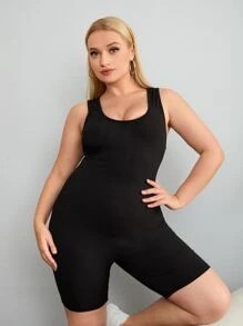 SHEIN EZwear Jumpsuits Plus Size Gân đan màu trơn Giải trí - màu đen - Xem 1
