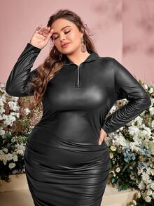 SHEIN Plus Zipper Front Ruched PU Leather Bodycon Dress - Black - View 5