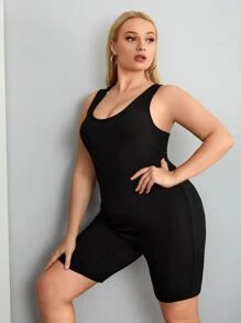SHEIN EZwear Jumpsuits Plus Size Gân đan màu trơn Giải trí - màu đen - Xem 5