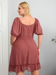 Plus Swiss Dot Knot Front Ruffle Hem A-line Dress - Redwood - View 2