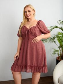 Plus Swiss Dot Knot Front Ruffle Hem A-line Dress - Redwood - View 3