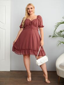 Plus Swiss Dot Knot Front Ruffle Hem A-line Dress - Redwood - View 4