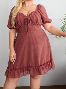 Plus Swiss Dot Knot Front Ruffle Hem A-line Dress - Redwood - View 5