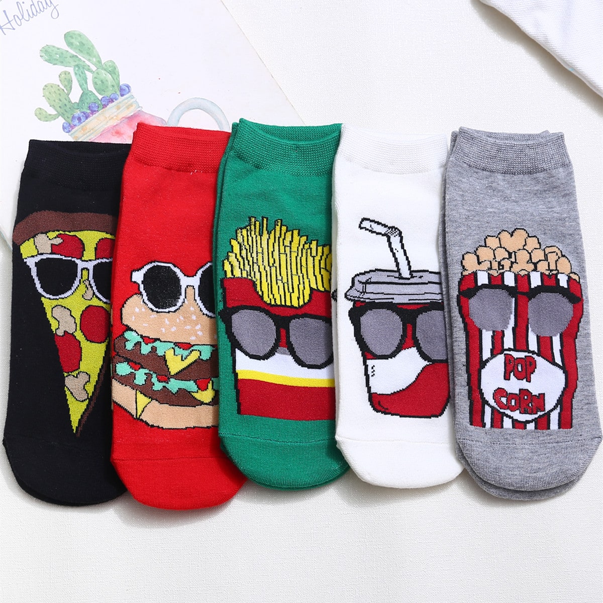 Pares de calcetines cortos para mujer, calcetines cortos finos con elemento "Hamburguesa & Papas Fritas" adecuados para todas las estaciones, calcetin