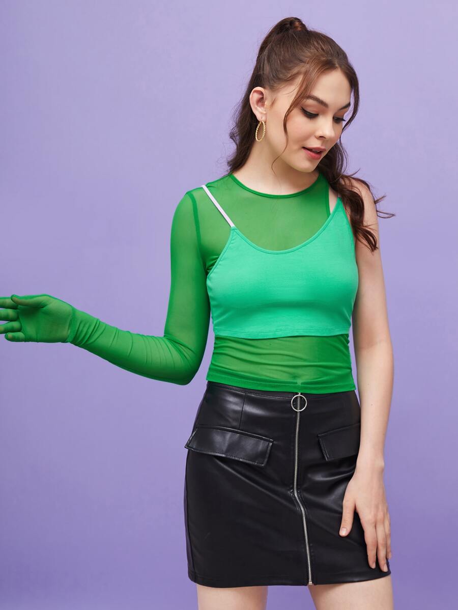TALYA LOPEZ One Sleeve Sheer Mesh Top With Cami - Green - View 1