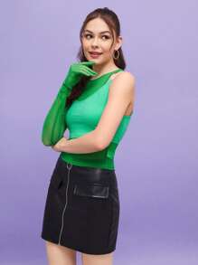 TALYA LOPEZ One Sleeve Sheer Mesh Top With Cami - Green - View 6