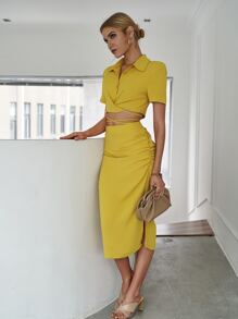 Sollinarry Lace Up Button Front Top & Split Hem Skirt - Yellow - View 1