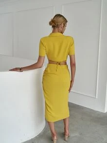 Sollinarry Lace Up Button Front Top & Split Hem Skirt - Yellow - View 2