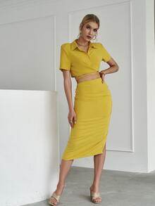 Sollinarry Lace Up Button Front Top & Split Hem Skirt - Yellow - View 4